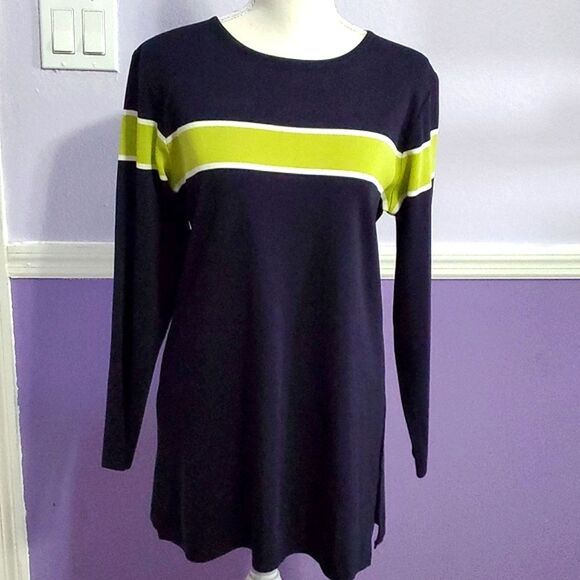 Misook Navy & Chartreuse Spirit Academia Colorblock Long Sleeve Tunic Top - Picture 1 of 7